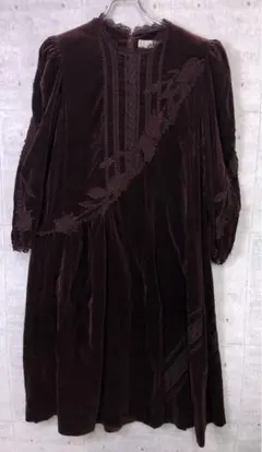 昭和レトロ オールド 古着 同色 フラワー刺繍レース装飾 長袖 ベロアワンピース