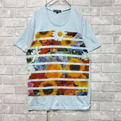 Tシャツ カットソー メンズ L ブルー 花柄 ユニセックス ボーダー 着回し