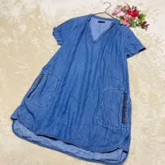 【アパートバイローリーズ】デニム　半袖チュニックワンピース　ゆったり　ブルーMのサムネイル