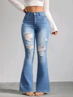 ブーツカット デニム ハイウエスト ダメージデニム ストレッチパンツ 股下長め
