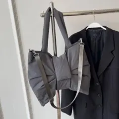 【グレー】トートバッグ ショルダーバッグ リボン ふんわり 軽量 2way