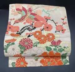 高級　正絹　洒落帯　名古屋帯　アンティーク　大正ロマン　梅　金糸　小鳥　326