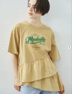 【美品】ピグメント加工ドッキングロゴプリントTシャツ　Tシャツ　レディース