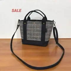 トートバッグ2way コットンツイード（グレーチェック）×帆布（黒）ハンドメイド