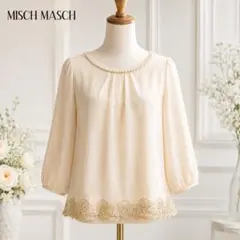 ミッシュマッシュ パールネック 裾レースブラウス M ベージュ キレイめのサムネイル