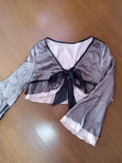 リボン付きシースルーカーディガン グレー
