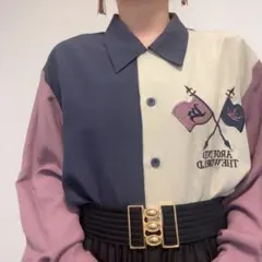 くすみ系 ネイビー バイカラー 配色 旗刺繍 レトロ ブラウス 古着 長袖のサムネイル