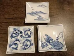 手描き 染付 角小皿 3枚セット【みやび】山水・植物 豆皿 薬味皿