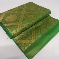 Z-1416 菱に花柄 正絹 グリーン 袋帯 六通柄 金糸
