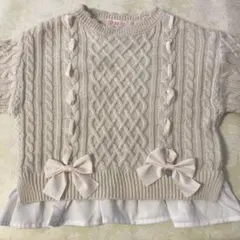 mezzo piano クリーム色 ケーブルニットセーターリボン付き