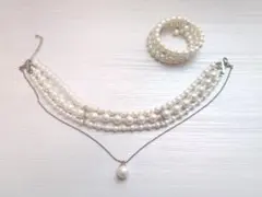 3連パール チョーカー風 ネックレス＆ブレスレット セット 結婚式 パーティー
