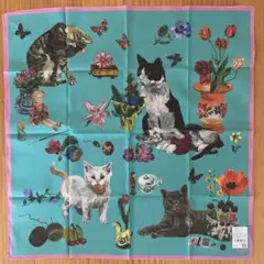 ナタリーレテ猫と花柄 ハンカチ ターコイズブルーハンカチのサムネイル