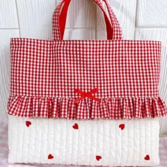 ハート刺繍ヌビのフリル レッスンバッグ土日限定値下げ