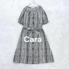 Cara◇細タックプリーツワンピース チェック柄 M ブラック 5分袖 レトロ釦