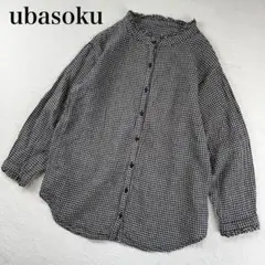 ubasoku リネン フリルスタンドカラーブラウス チェック ブラック 