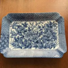青と白の花柄トレイ型皿　陶器　出品3/31迄