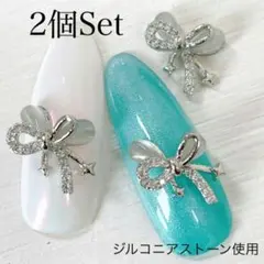 ネイルパーツ　ジルコニアストーン　リボン　ジュエリー　シルバー　キャッツアイ