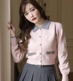 ナイスクラップ ビジュー付配色ポロニット ピンク