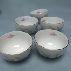 花柄湯飲み5個セット藤の漆塗り茶托5個と菓子入れ