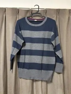 ネイビー グレー ストライプ 長袖ニット M
