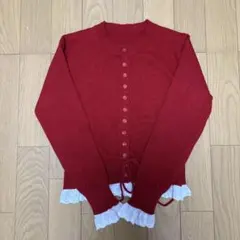 赤いフリル付き長袖カーディガン ニット