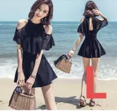 水着 オフショルダー オールインワン 韓国 2way レース 体型カバー 黒 L