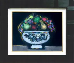 油絵菅家令子絵インテリア額付(青緑＋金色の枠)uF6-063404 花瓶 グラス