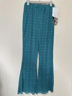 しまむら FLASH BLUE リーフレース セミフレアパンツ グリーン M