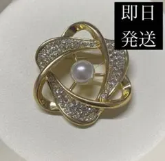 高級 美品 丸い花びら ひと粒パール バラ ブローチ ゴールド シンプル