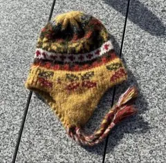 unknown ボンボン ニット帽 ハンドメイド 帽子 古着 耳当て付き