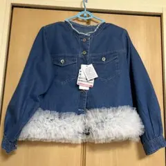 裾チュールフリルノーカラーデニムジャケット　　フリーサイズ
