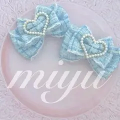 ヘアクリップ　♡スウィートハートツイード♡水色♡ロリィタ♡アイドル♡天使界隈