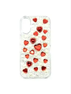【iPhone 16用】キラキラ赤ハート×パールホワイト デコスマホケース♡