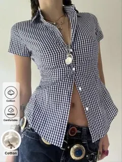 SHEIN Babehomeeトップス シャツ ギンガムチェック 半袖 M