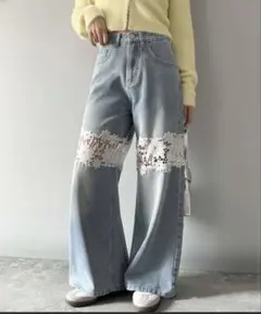【mily bilet】花柄レースワイドデニムパンツ