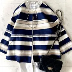 美品 アドーア コットン100% ノーカラー ボーダー ジャケット ゆったりめ