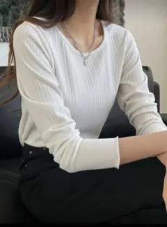 リブニット レタストリム Tシャツ、秋服 長袖 レディーストップス ロンt