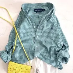ラルフローレン 長袖コットンチェックシャツ 綿 グリーン 緑 ネイビー ゆったり