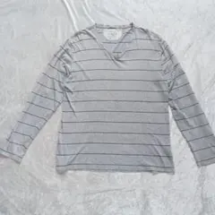 イッカ グレー ストライプ Vネック Tシャツ ボーダー 大きめ XL 長袖