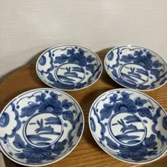 美濃焼　庫山窯　染付絵皿　うさぎ　花模様　4枚