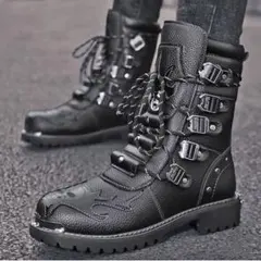未使用 パンク系 スタッズ＆バックル ライダースブーツ