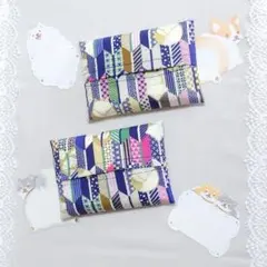 ポケットティッシュケース　きつね柄　矢じり模様　和柄　ブルー系　ハンドメイド