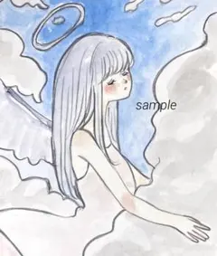 オリジナル手描きイラスト　創作　水彩画　アナログイラスト　天使　雲