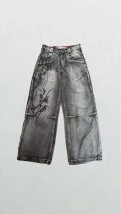 グラフィックプリント ワイドレッグデニムパンツ