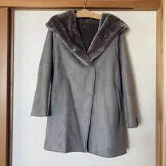 レディース　フード付きボアコート　ムートン風　グレー