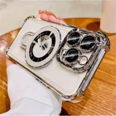 iPhone14plus シルバー メッキ クリア ケース レンズ フルカバー
