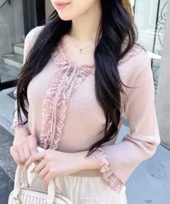 INGNI フリル5分袖ニットカーディガン ピンク