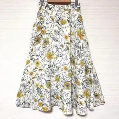レイカズン ボタニカル 花柄 フレアスカート 白 F ウエストゴム