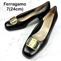 【美品】Ferragamo パンプス 24 ブラック ヴァラプレート レザー