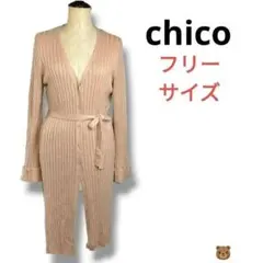 chico★ロング丈ベルト付きリブニットカーディガンピンクフリーサイズ春夏秋のサムネイル